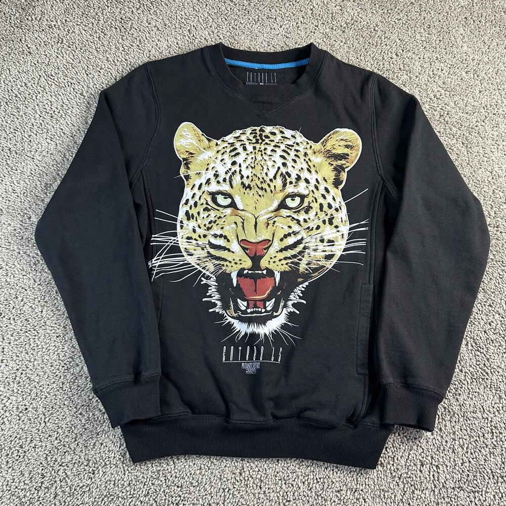Entree LS Sweatshirt Mens Small Black Leopard Face Graphic Crewneck Streetwear